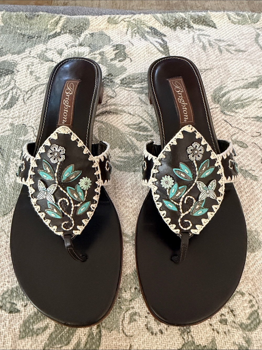 Brighton Black Sandal Thongs with Turquoise Floral Embroidery